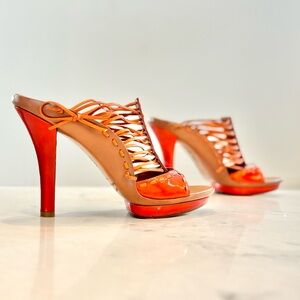 Via Spiga Orange Patent Leather Platform Heels 8.5 Y2K Strappy Italy